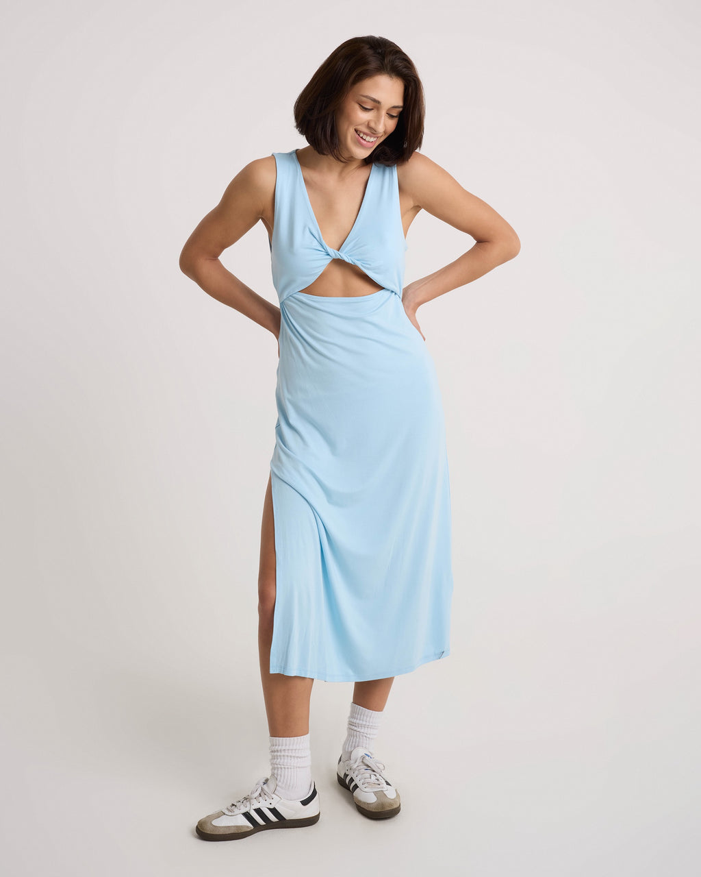 light blue active dress Volcom Women's Stone Luz Final Sale Plus Size x-sibling-handle:eternity-strapless-maxi-ink and back cutout detail Size:Cream: MD10