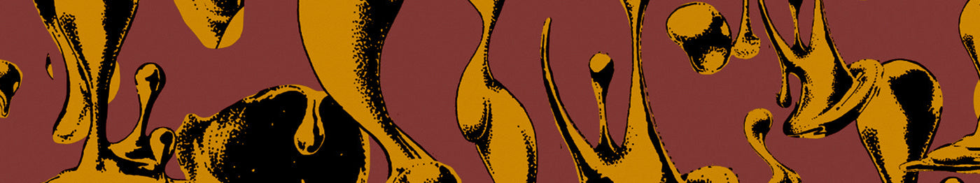 Abstract pattern featuring yellow and black melted, droplet-like shapes on a reddish-brown background. The design is bold and organic, creating a dynamic, fluid visual effect.