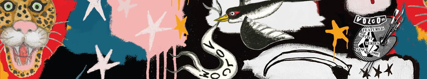 Colorful collage-style artwork featuring a leopard face, white birds, star shapes, paint splashes, a patch with “LOVED,” and a scrolling banner with “GUCCI” on it.