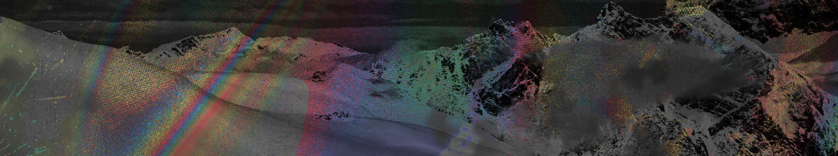Snowy mountain peaks with digital rainbow-like distortions and textured overlays, blending natural scenery with colorful, abstract visual effects under a dark sky.