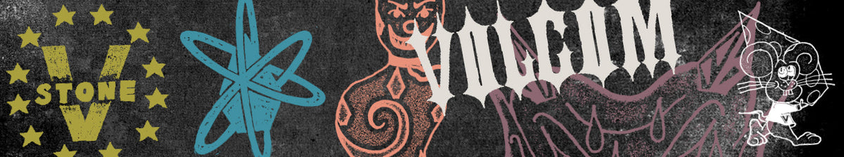 A horizontal banner featuring various brand graphics including the text STONE inside a circle of stars, a blue star shape, a stylized monster figure, the word VOLCOM in a jagged font, and a cartoon mouse.