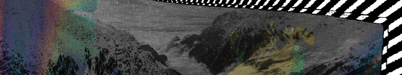 Abstract collage image featuring a grayscale mountainous landscape with textured rainbow and green overlays on the left, yellow and green patches on the right, and a bold diagonal black-and-white striped border along the top.