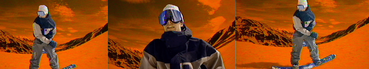 A snowboarder in winter gear stands on a snow-covered slope, with orange-tinted mountains and sky in the background. The image is divided into three panels showing different poses.