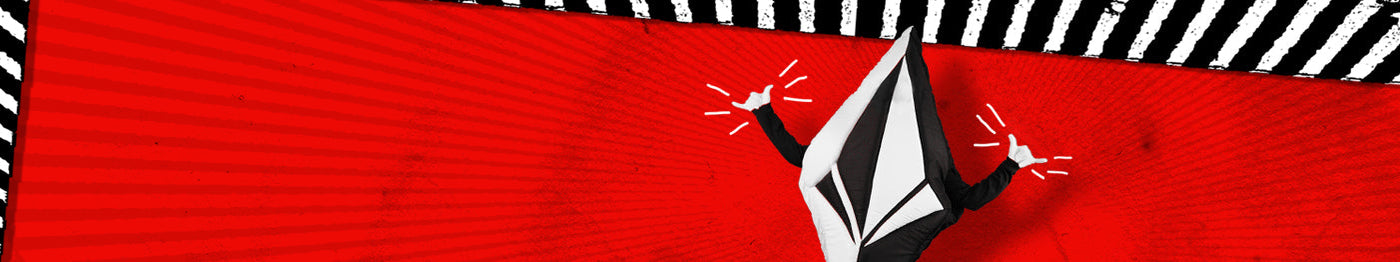 A figure with a large geometric diamond-shaped head and outstretched hands stands against a bold red background with black and white striped patterns above.