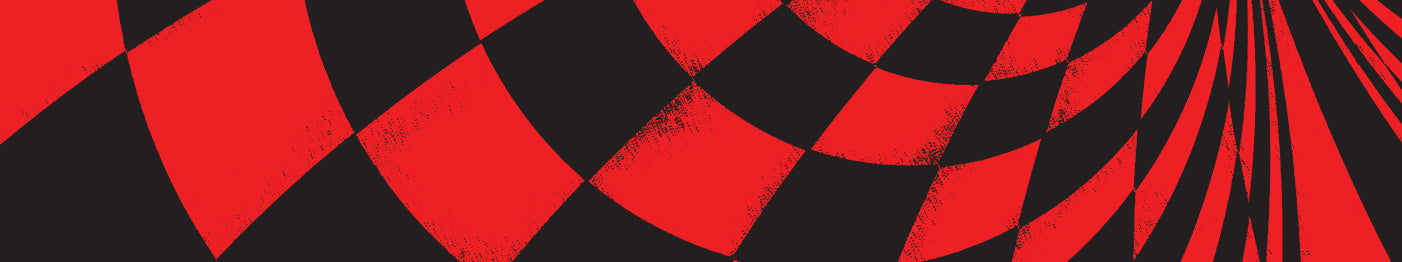 Abstract image featuring a pattern of red and black distorted checkerboard shapes and rays, creating a dynamic, swirling visual effect with a slightly grainy texture.