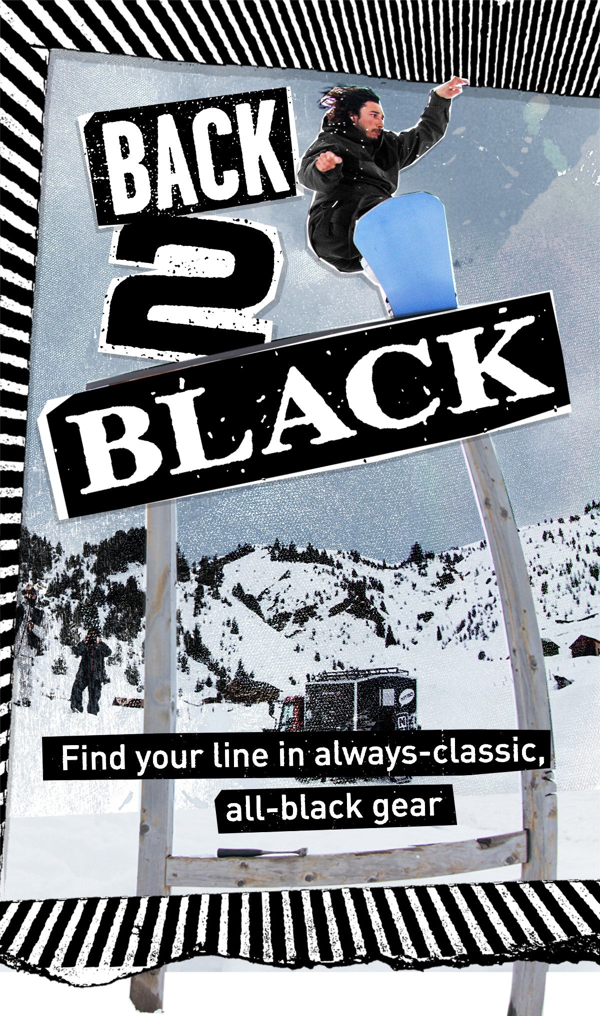 Promotional graphic for 'Back 2 Black' with a person in a black jacket and skis against a snowy mountain backdrop.