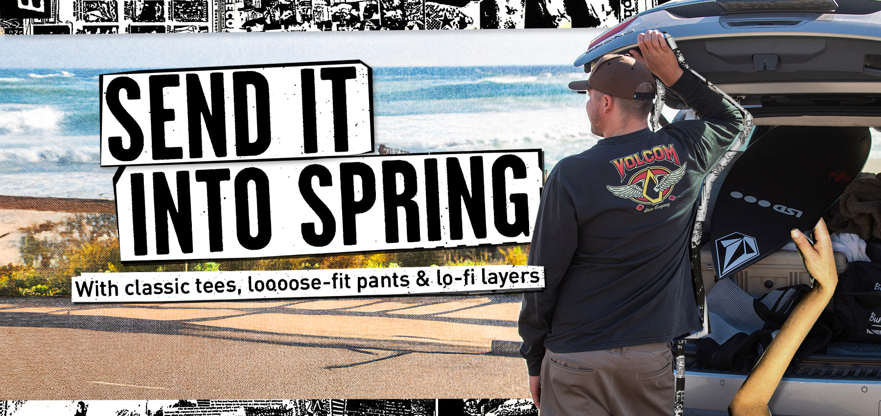 Man opening a car trunk with promotional text for spring clothing, beach in the background