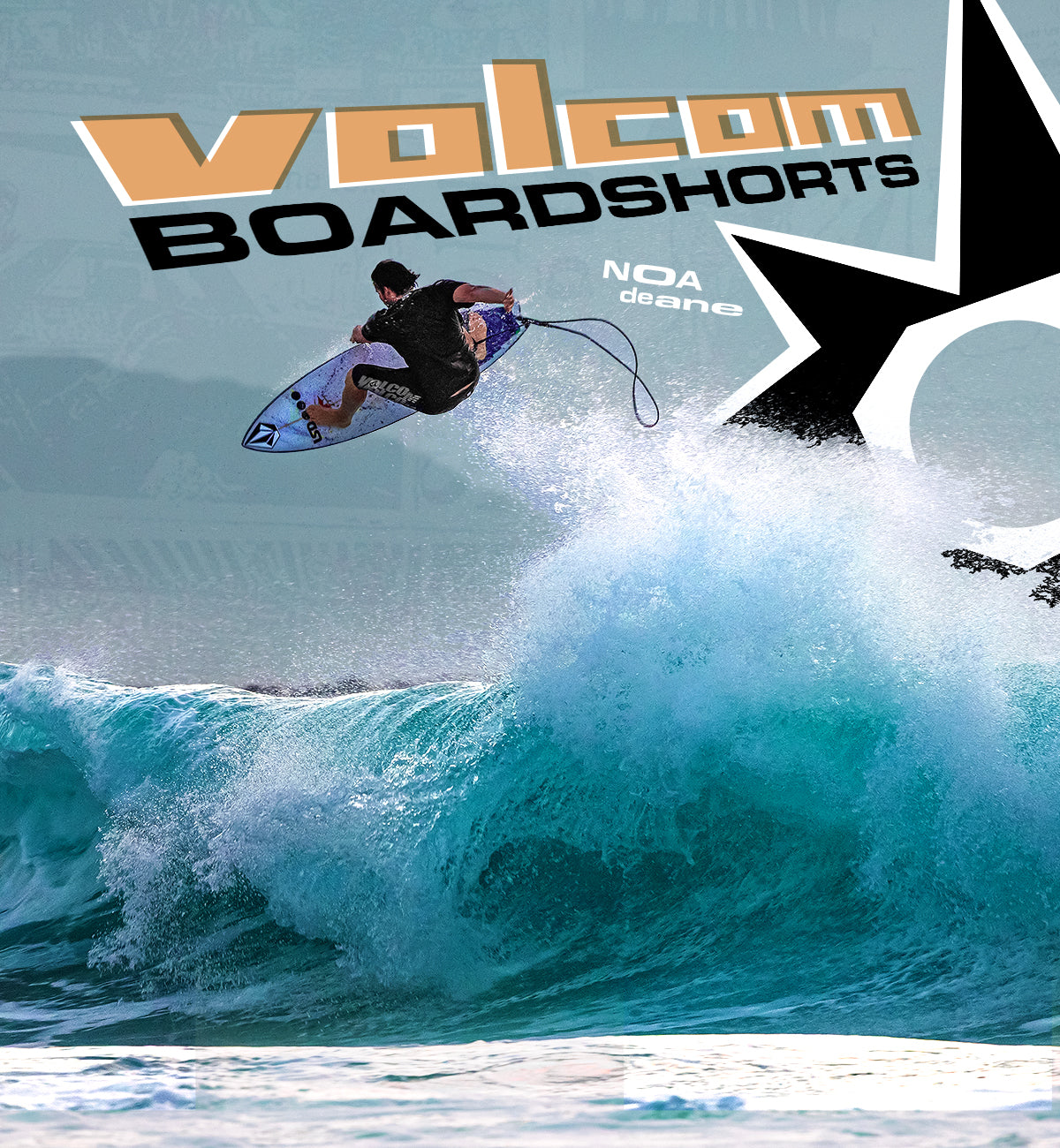 Surfer performing a trick on a wave with Volcom Boardshorts branding.