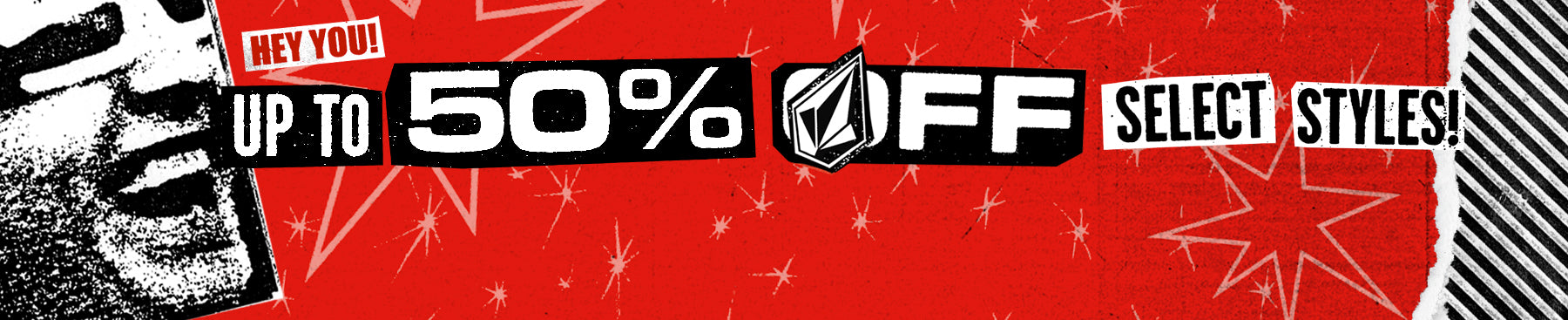 Promotional banner with 'Up to 50% Off Select Styles' offer on a red background.