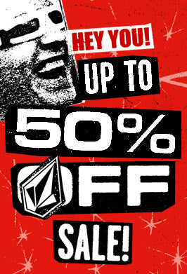 Promotional poster with 'Up to 50% Off Sale' text on a red background
