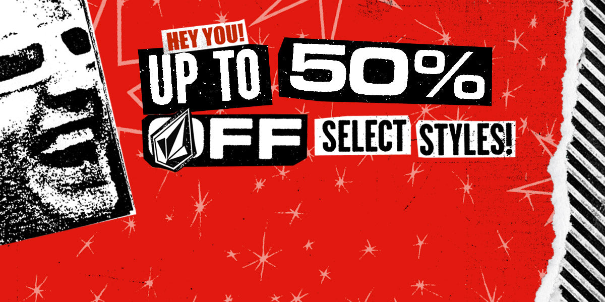 Promotional banner with text 'Up to 50% off select styles' on a red background with abstract patterns.