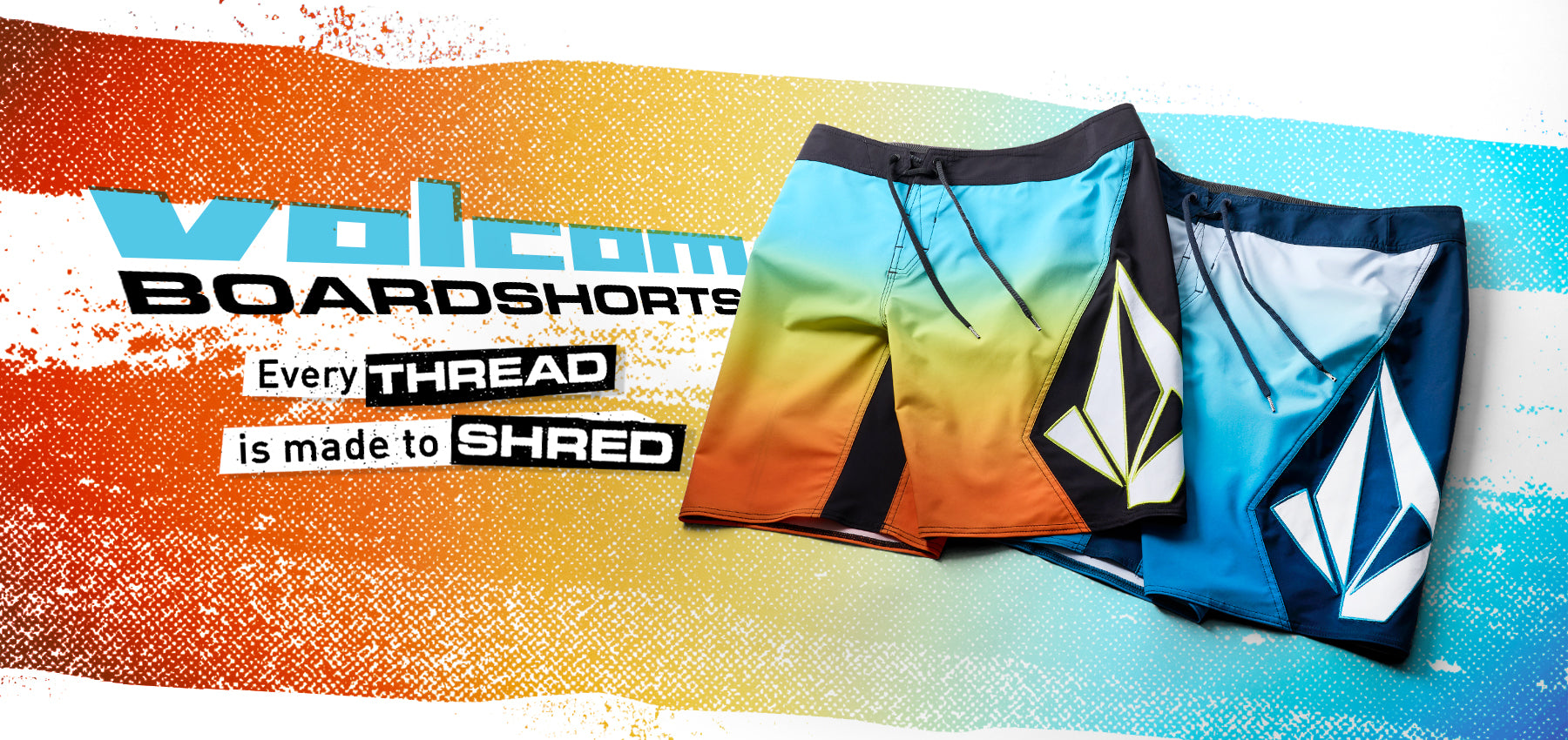 Collage of colorful gradient boardshorts on rainbow background with the text "Volcom Boardshorts" and "Every thread is made to shred"