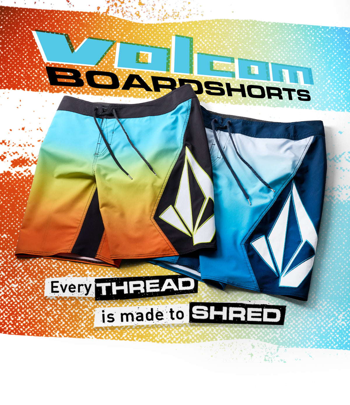 Collage of colorful gradient boardshorts on rainbow background with the text "Volcom Boardshorts" and "Every thread is made to shred"