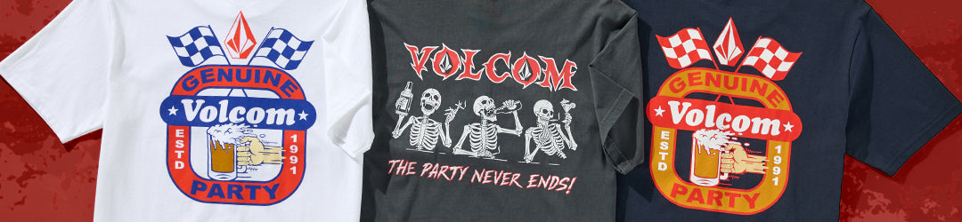 Three t-shirts displayed side by side: two with a red, yellow, and blue Volcom Genuine Party logo featuring a beer mug, and one with Volcom text above partying skeletons and the phrase The party never ends!.