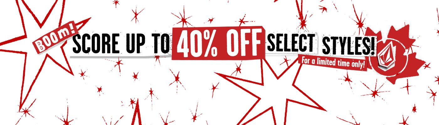 Promotional banner with text "Boom! Score up to 40% Off Select Styles! For a limited time only!"