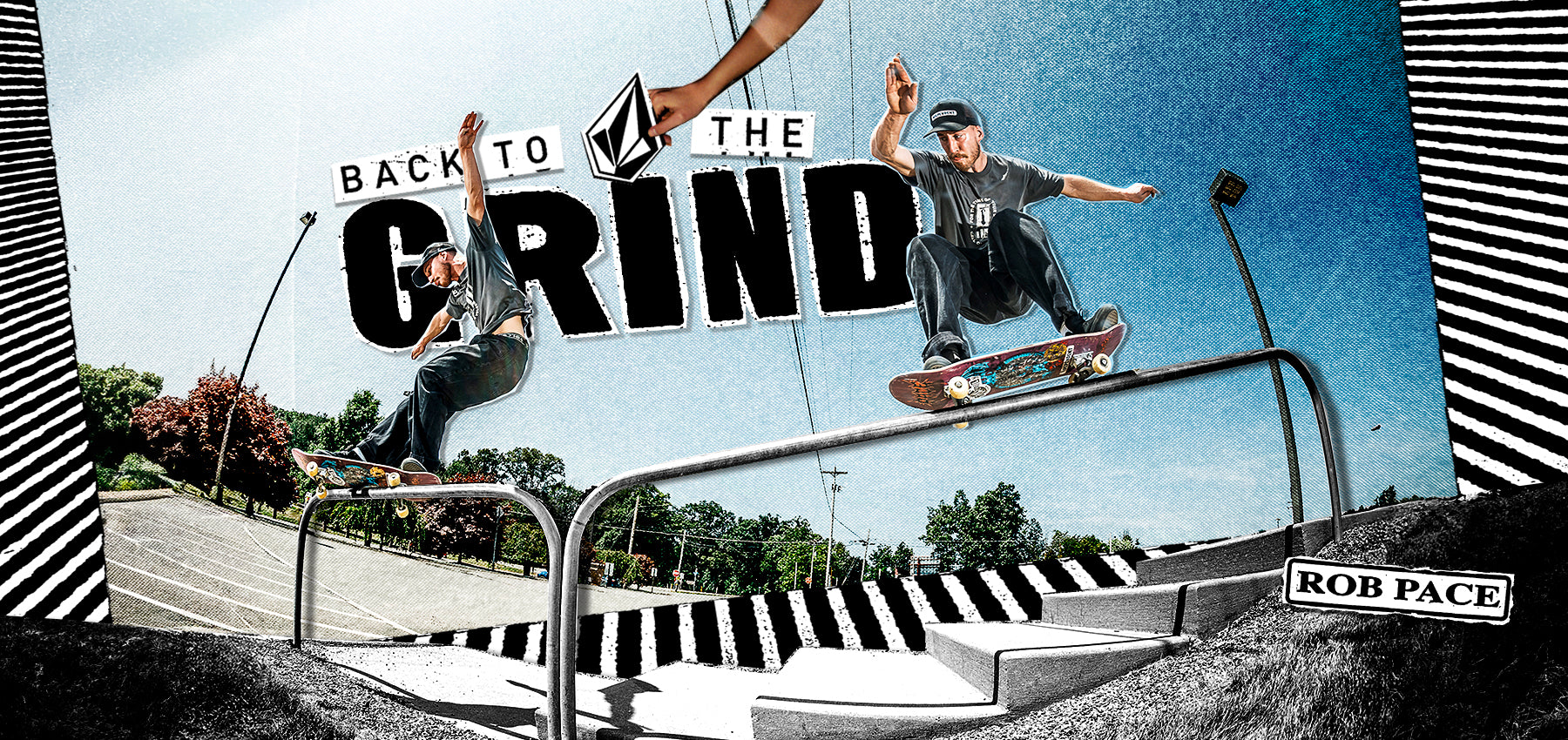A skate-themed graphic or poster featuring two skateboarders performing tricks over a rail, with large text reading 'BACK TO THE GRIND' and a Volcom logo. The scene includes a skatepark background, black-and-white striped border elements, and a small sign reading 'ROB PACE'.