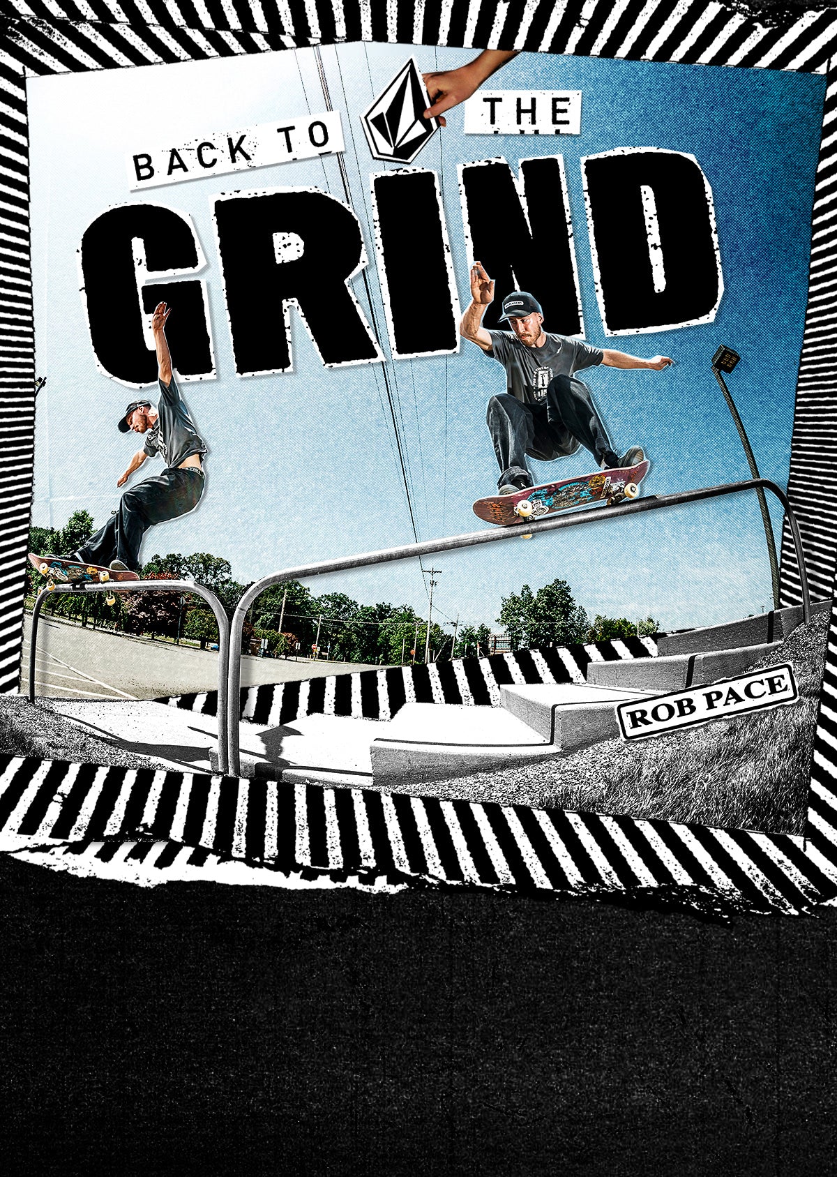 A graphic poster-style image with the text 'BACK TO THE GRIND' and 'ROB PACE' over a skatepark scene showing a skateboarder in midair on a rail. The design includes black-and-white striped border elements and a torn-paper effect at the bottom.