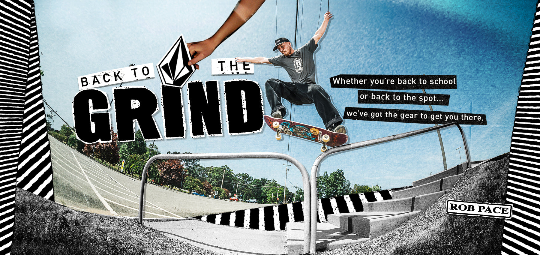 A graphic poster-style promotional image for Volcom featuring a skateboarder in midair over a ramp, with large text reading 'BACK TO THE GRIND' and smaller text including 'Whether you're back to school or back to the spot...we've got the gear to get you there."