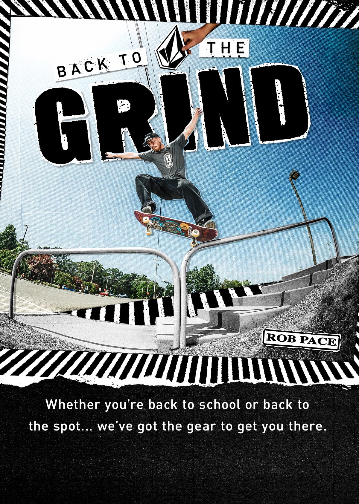 A graphic poster-style promotional image for Volcom featuring a skateboarder in midair over a ramp, with large text reading 'BACK TO THE GRIND' and smaller text including 'Whether you're back to school or back to the spot...we've got the gear to get you there."