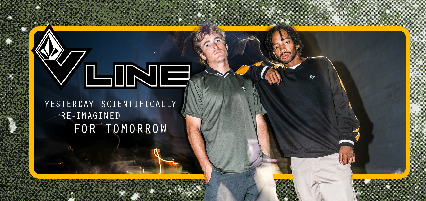 Two men standing together in athletic apparel, with a large graphic overlay on the left reading 'VLINE' and 'YESTERDAY SCIENTIFICALLY RE-IMAGINED FOR TOMORROW.' 