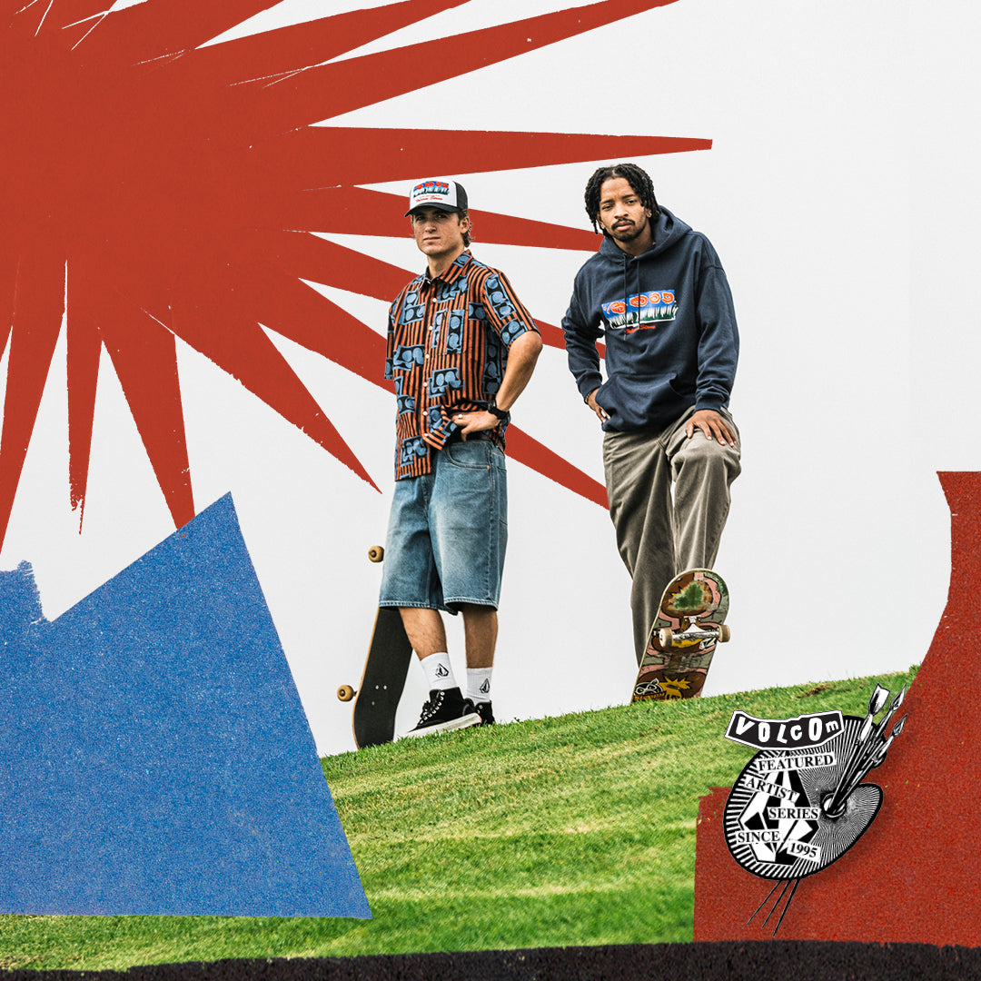 Two men standing on a grassy hill with skateboards, styled in streetwear. The background is a graphic collage with a red sunburst, blue mountain shape, and a 'VOLCOM' skate wax logo in the lower right corner.