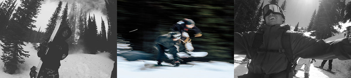 A three-panel black and white collage showing winter sports in a snowy forest: a snowboarder standing in the snow, two skiers or snowboarders in motion, and a person taking a selfie while wearing a backpack.