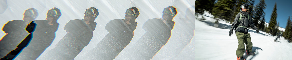A split-panel photo showing a person in a dark jacket and pants standing in deep snow on the left, and the same person snowboarding outdoors on a sunny snowy mountain on the right. The outdoor shot includes trees and another distant skier.