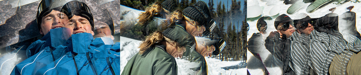 A three-panel collage showing people outdoors in snowy mountain settings, wearing winter gear including blue and olive green jackets, black knit beanies, and striped knit tops. 