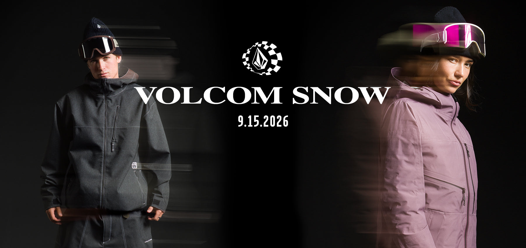 Volcom Snow promotional graphic featuring two models in ski apparel against a dark background. On the left, a model wears a black ski jacket and goggles.