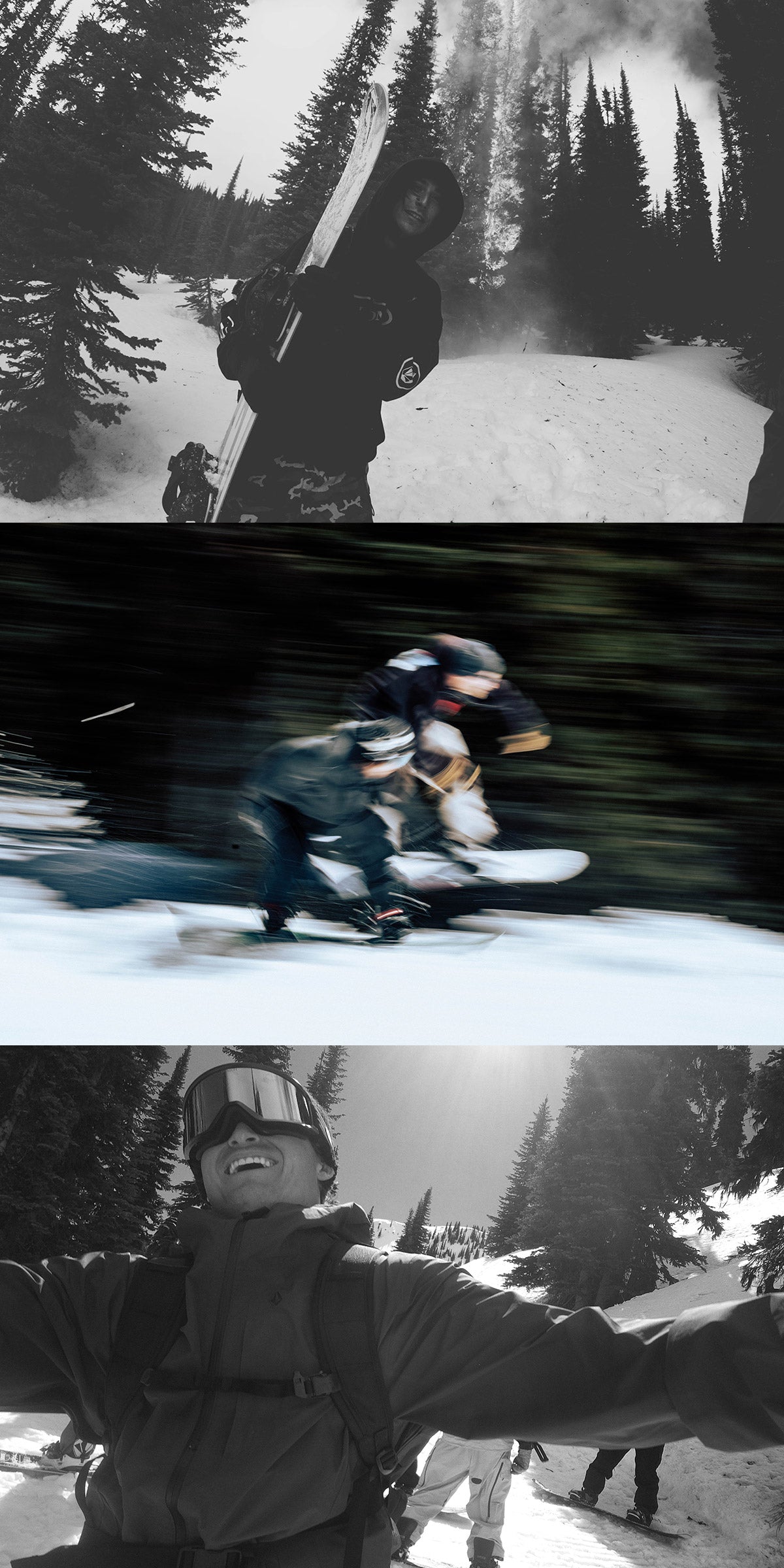 A three-panel collage showing snowboarders in a snowy forest setting. The top panel is black and white, showing a person holding a snowboard. The middle panel is a blurred action shot of two people snowboarding. The bottom panel is a black-and-white image of a snowboarder taking a selfie outdoors.
