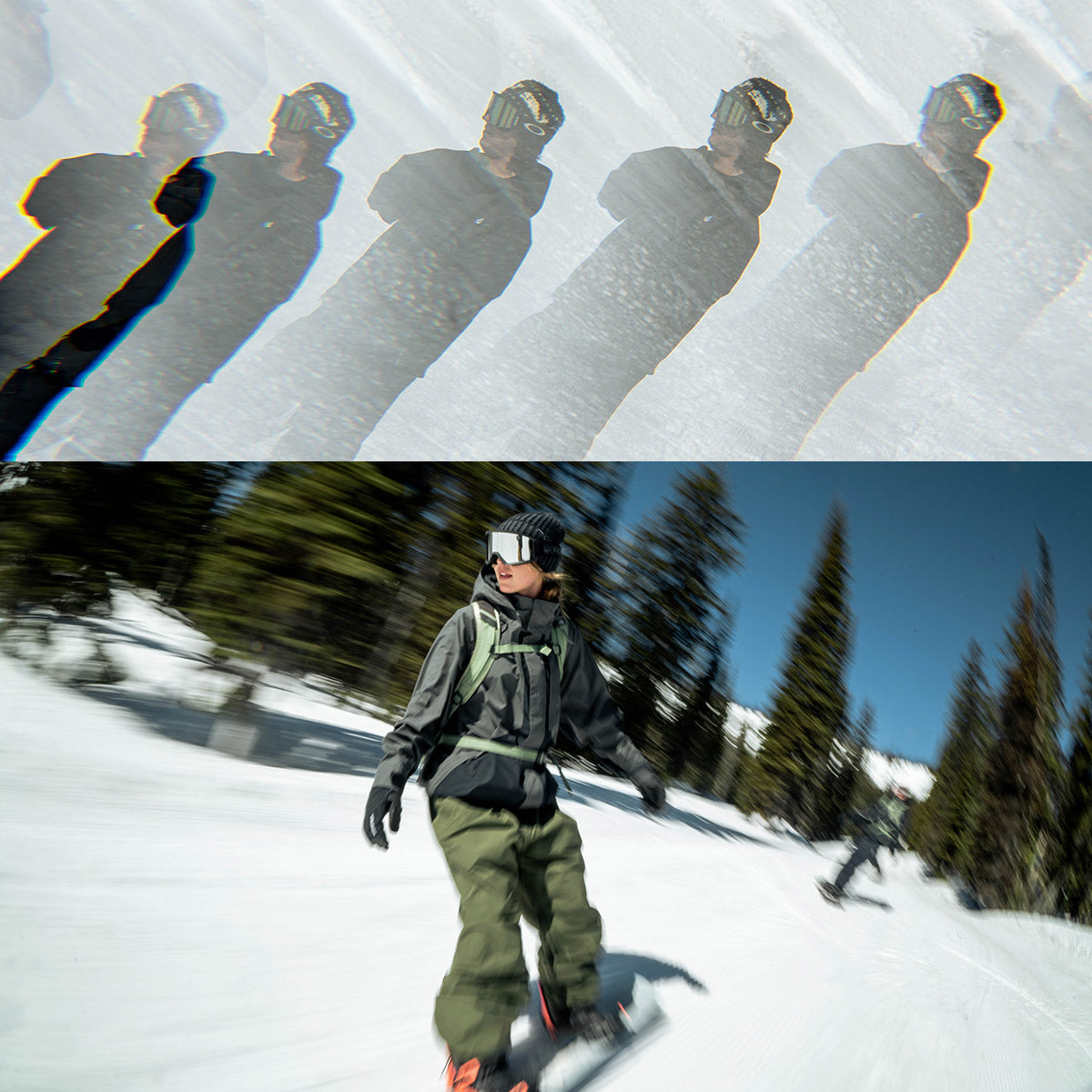 A split image showing a snowboarder in action on a snowy mountain below, and a top-down view of the snowboarder's shadow repeated five times in a wavy pattern above.