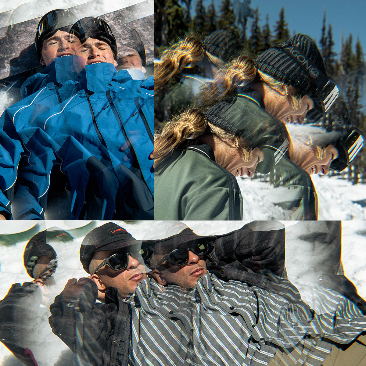A three-panel collage showing people outdoors in snowy environments, wearing winter gear including blue and striped jackets, knit beanies, and dark sunglasses. The panels are layered with motion blur and reflective glare effects.