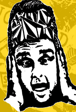 A high-contrast black and white graphic illustration of a man's face with his hands on his cheeks, set against a textured yellow background.