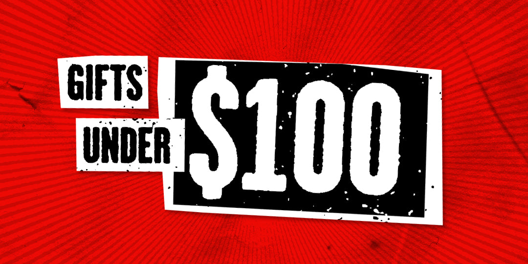 Promotional graphic with 'Gifts Under $100' text on a red background