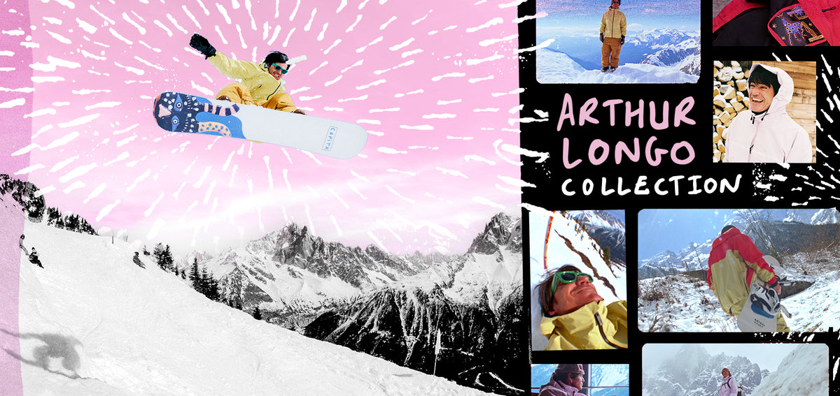 A collage-style promotional graphic for the 'Arthur Longo Collection' featuring a snowboarder in mid-air against a pink starburst background on the left, and a vertical strip of smaller photos on the right showing a person in winter sports gear and snowy mountain scenes.