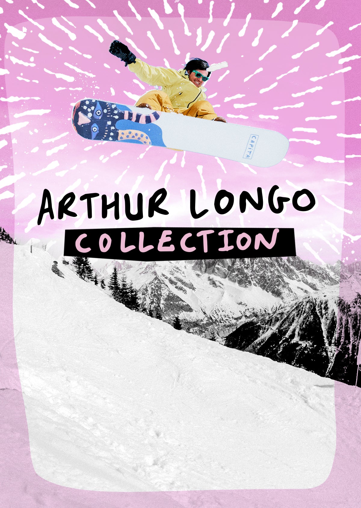 A stylized promotional graphic for the Arthur Longo Collection, featuring a snowboarder in a yellow jacket mid-jump against a pink sunburst background, with a snowy mountain scene at the bottom and the text 'ARTHUR LONGO COLLECTION' across the center.