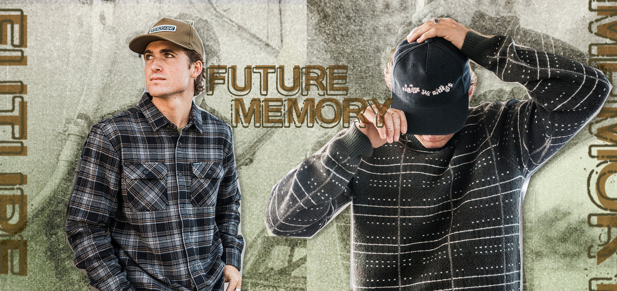 A promotional composite showing two men wearing branded apparel. On the left, a man wears a brown cap and a dark plaid flannel shirt.
