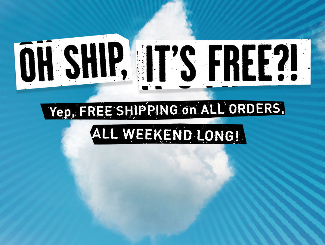Promotional graphic with bold black text reading 'OH SHIP, IT'S FREE?!' and 'Yep, FREE SHIPPING on ALL ORDERS, ALL WEEKEND LONG!' over a bright blue sunburst background with a white cloud in the shape of Volcom's logomark.