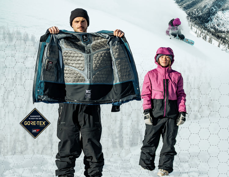 man on mountain showing inside of Gore- tex jacket with TDS