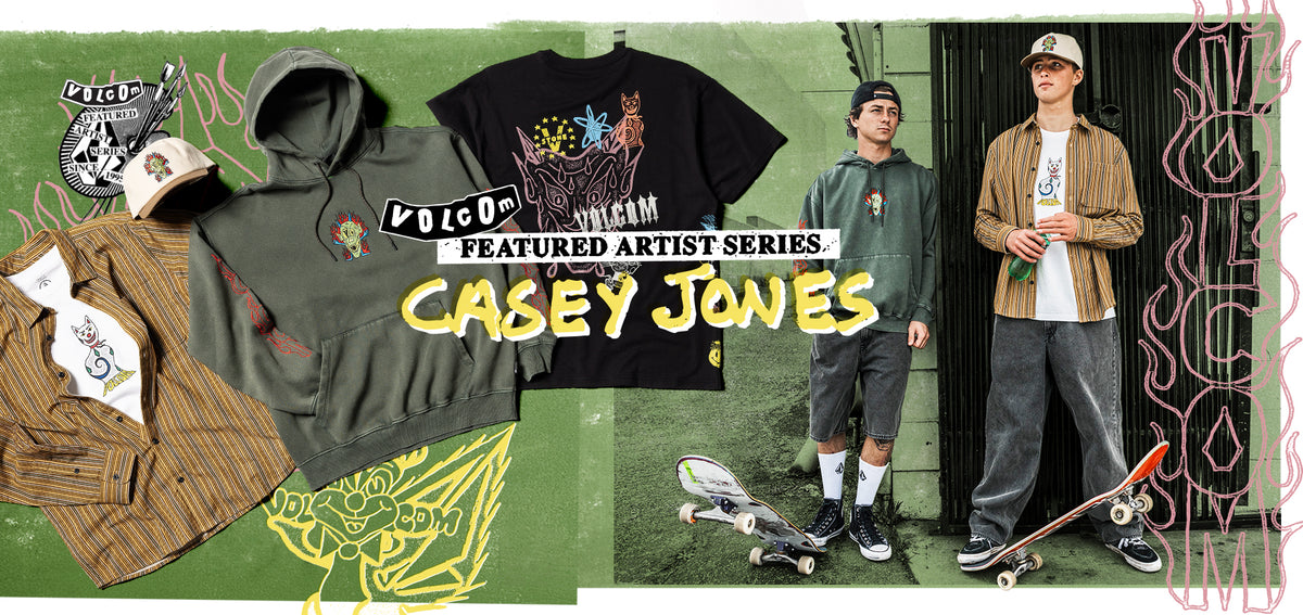 A promotional collage for Casey Jones featuring multiple apparel items and two models in an outdoor urban setting. Visible products include a black graphic T-shirt, olive green hoodies, brown striped jackets, gray pants, and skateboards.