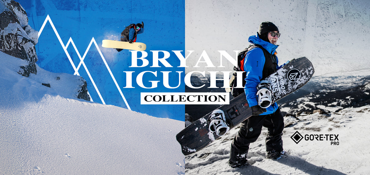 A split promotional graphic for the Bryan Iguchi Collection, showing snowboarder action on a snowy mountain on the left and a model in a blue jacket carrying a snowboard on a snowy slope on the right. Large text reads 'BRYAN IGUCHI COLLECTION' with a GORE-TEX PRO logo in the lower right.