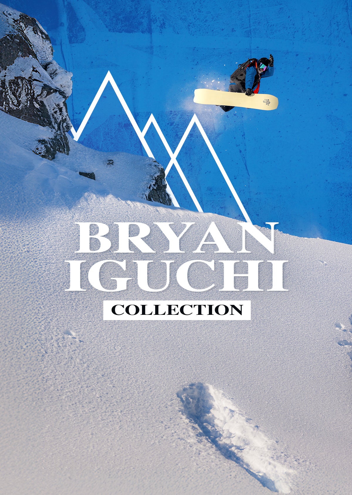 A promotional graphic for the Bryan Iguchi Collection featuring a snowboarder mid-air over a snowy mountain slope under a bright blue sky. Large white text reads 'BRYAN IGUCHI COLLECTION' with a mountain line graphic behind it.