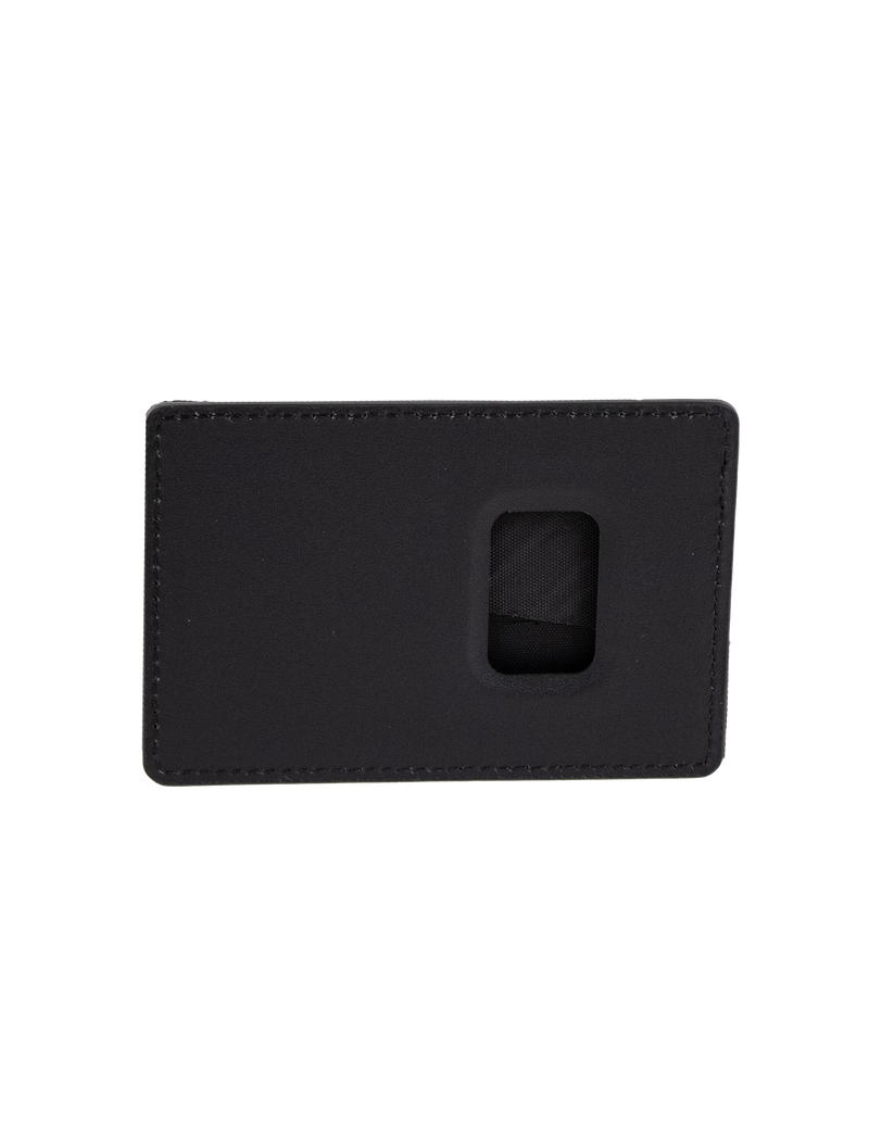 The Volcom Men's Primo Dos Cardholder is a black, rectangular accessory featuring a small transparent window that reveals part of the inner pocket. Visible stitching accents the edges, and it is photographed against a plain white background.