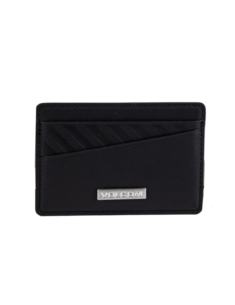 The Volcom Men's Primo Dos Cardholder features a sleek black design with diagonal textured lines on the top left and is accented by a silver metal plate engraved with "VOLCOM" at the bottom center, displayed against a plain white background.