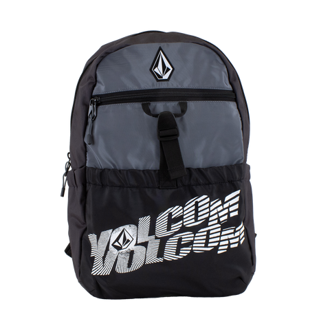A lightweight men's Summer School backpack by Volcom in black and gray, featuring a front zipper pocket, a top zipper closure, the Volcom logo printed in white on the front, and a convenient laptop sleeve for added functionality.