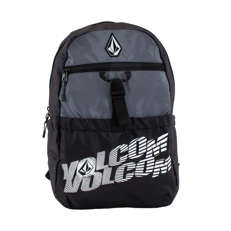 A lightweight men's Summer School backpack by Volcom in black and gray, featuring a front zipper pocket, a top zipper closure, the Volcom logo printed in white on the front, and a convenient laptop sleeve for added functionality.