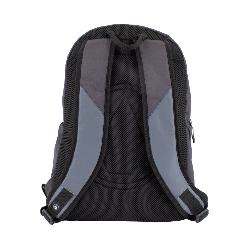 A back view of the Men's Summer School backpack by Volcom is shown in black and gray, highlighting its padded shoulder straps, mesh padding on the back panel, and a convenient laptop sleeve for secure device storage.