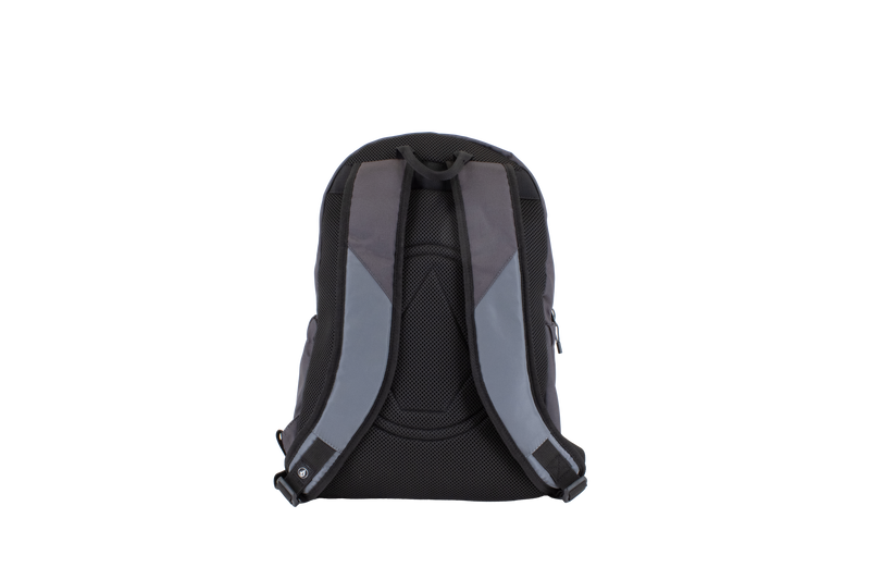A black and gray Volcom Men's Summer School Backpack is displayed from the back, highlighting its padded shoulder straps, mesh padding, and convenient laptop sleeve against a plain white background.