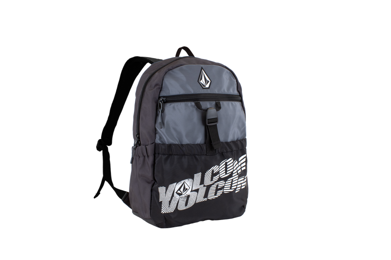 A Volcom Men's Summer School Backpack in gray and black, with the VOLCOM text and logo displayed on the front, features a spacious zippered pocket, a handy laptop sleeve, and adjustable shoulder straps, all presented against a plain white background.