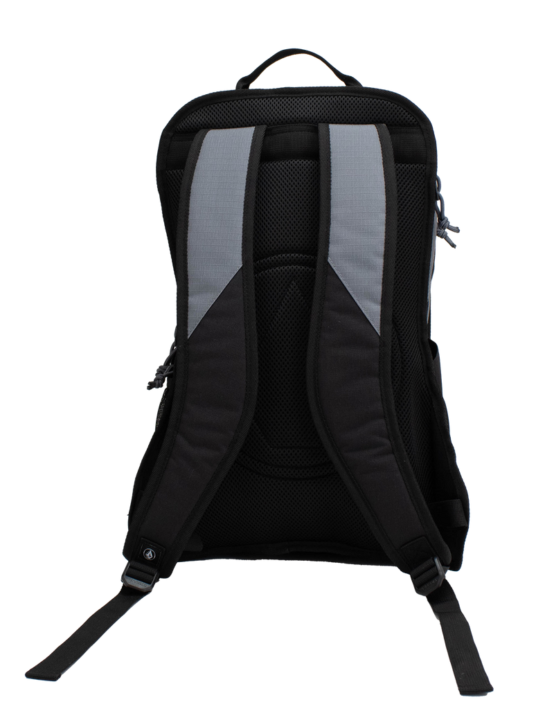 The Volcom Men's Boundary Backpack is displayed from the back against a white background, featuring two padded shoulder straps and a top carrying handle.